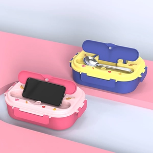 316 stainless steel bento box for kids with cartoon design and phone holder lid