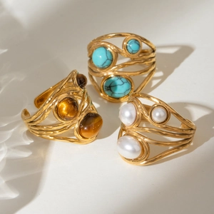 Bohemian gold plated open rings set featuring turquoise, tiger eye, and pearl stones