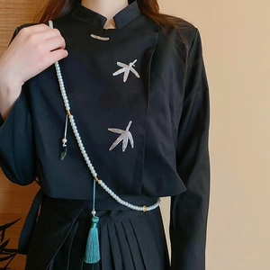 Black New Chinese style top featuring white pearls and green tassel pendant necklace