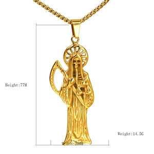 Gold stainless steel Santa Muerte pendant necklace with size scale on white background
