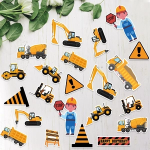 Set di coriandoli a tema costruzioni con escavatori gialli e segnali stradali