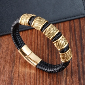 Retro Men Braided Leather Bracelet With Stainless Steel Geometric Beads Magnetic Clasp Polished Casual Jewelry Handmade Hand Strap