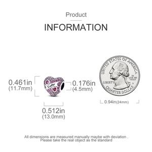 Detailed size specifications of silver heart charm with pink zircons and Sister engraving