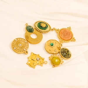 Set of 8 gold stainless steel natural stone charms for DIY necklace making