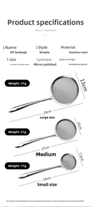Size chart for stainless steel oil skimmer showing large, medium, and small filter spoons