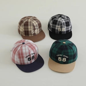 Kids plaid flat brim baseball hats with Lucky 58 embroidery in four vintage colors