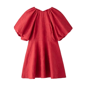 Mini Robe Rouge Polyester Courtes Manches Bouffantes Dos Nu Nœud Texturé Doux Fête Ligne A Décontractée Pour Femmes
