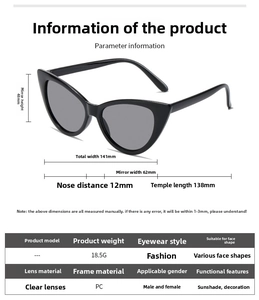 Detailed dimension chart for cat eye sunglasses showing PC frame size and 18.5g weight