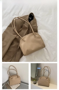 Detailed views of a khaki minimalist leather underarm bag with sleek matte finish