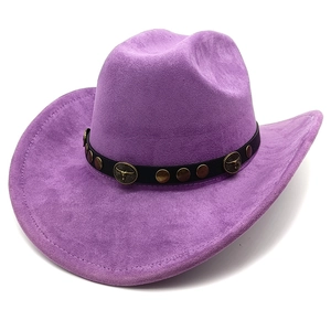Close-up of purple faux suede western hat featuring bronze bull head metal ornaments