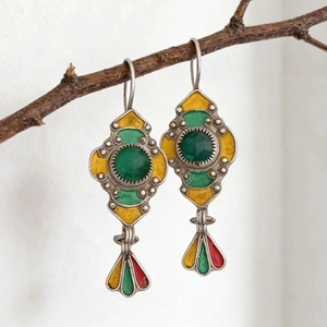Boucles Oreilles Pendantes Émail Ethniques Vintage Géométriques Résine Verte Bohème Alliage Femmes