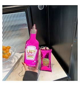 Pink spicy sauce bottle crossbody bag set with creative text and metal chain strap