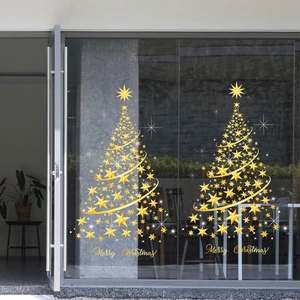 Golden Christmas tree window stickers with Merry Christmas text for glass decor