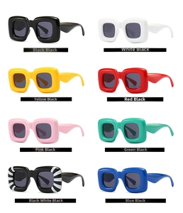 Detailed grid view of chunky square sunglasses in eight colors with dark gray lenses