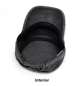 Internal view of washed cotton military cap with stitching and metal buckle details