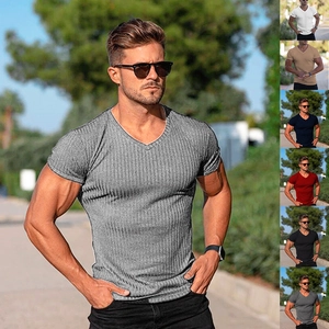 Men T-Shirt Ribbed Knit V-Neck Short Sleeve Slim Fit Summer Sports Fitness Casual Soft Breathable Tops