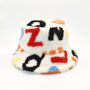 Faux Lamb Wool Bucket Hat Winter Warm Plush Basin Cap Colorful Letter Print Outdoor Fashion For Men Women