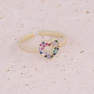 Macro view of adjustable gold open ring with colorful zircon micro-pave heart detail