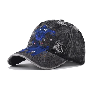 Distressed Washed Denim Baseball Cap Vintage Ripped Graffiti Sheep Print Streetwear Hip Hop Hat For Men Women