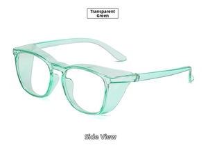 Side view of transparent green anti-pollen protective goggles with side shields