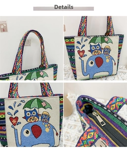 Close-up of ethnic woven tote bag featuring elephant pattern and geometric handles