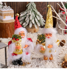 Detailed view of standing Santa Claus plush figurines in red and gold outfits