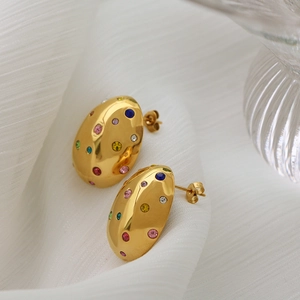 French vintage gold oval earrings featuring geometric multi-color zircon stone inlay