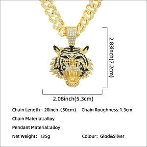Hip hop iced-out tiger head pendant with cuban chain necklace for men in gold and silver