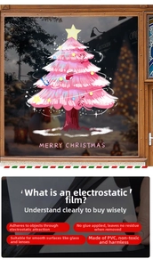 Detailed view of pink Christmas tree window stickers showing static cling and no glue residue