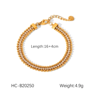 Three-layer gold stainless steel bracelet with bead chains and white zircon inlay details