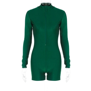 Detailansicht eines dunkelgrünen Langarm-Bodysuits mit einem Reißverschluss vorne
