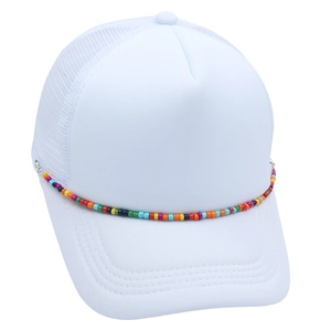 White mesh trucker cap with colorful beaded chain decoration on a clean white background