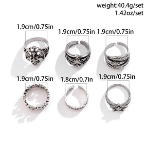 Set of 6 vintage gothic skull rings for men featuring cross and feather silver patterns