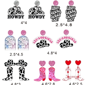 Acrylic western cowboy earrings with cow print hat, boots and Howdy slogan charms