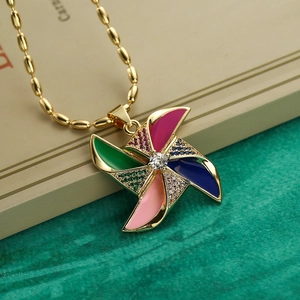 Exquisite gold windmill flower pendant necklace with colorful zircon for women