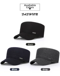Flat top caps in black, navy and grey with thick twill texture and metal side tags