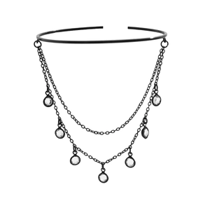 Detail of gothic black metal choker featuring double-layered chains and crystal pendants