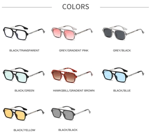 Eight colors of square aviator sunglasses with metal temples and various tinted lenses