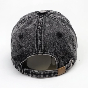 Rear view of vintage washed charcoal denim baseball cap with adjustable metal buckle