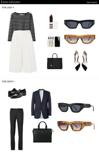 Fashion collocation featuring cat-eye sunglasses with luxury striped suits and accessories