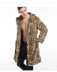Detailed view of leopard print faux fur coat with lapel collar and mid-length cut