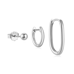 Detailed view of three-piece 925 sterling silver minimalist earring set with S925 hallmark