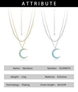 Technical specifications of layered 925 silver necklace with blue moon pendant details