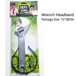 Macro view of Halloween zombie headband wrench prop with bloody effects and forged steel text