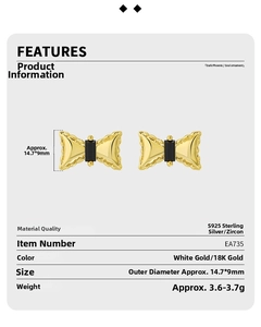 Detailed view of S925 silver bow earrings with black zircon and dimensions chart