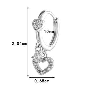 Silver heart-shaped zircon drop hoop earrings with 2.04cm height and size dimensions