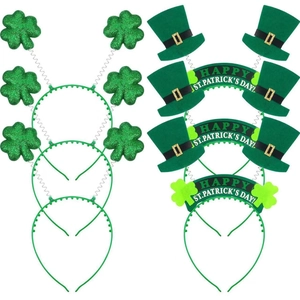 6-pack St. Patrick's Day green headbands with shamrocks and mini leprechaun hats