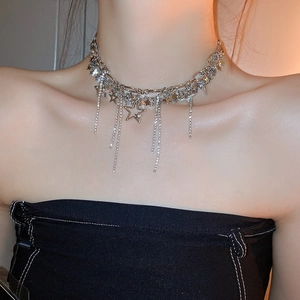 Close-up of a silver multi-layered choker featuring crystal star charms and rhinestone tassels