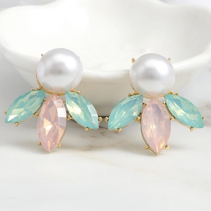 Elegant gold drop earrings with a large white pearl and marquise-cut colorful crystals