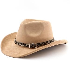 Classic khaki suede cowboy hat with stylish leopard print band and gold buckle